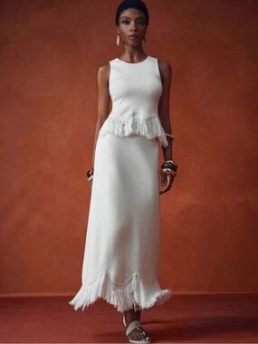 NWT Solid Knit Fringed Hem Ivory Fringe 2 Piece Set - Size XL TOP AND SKIRT!